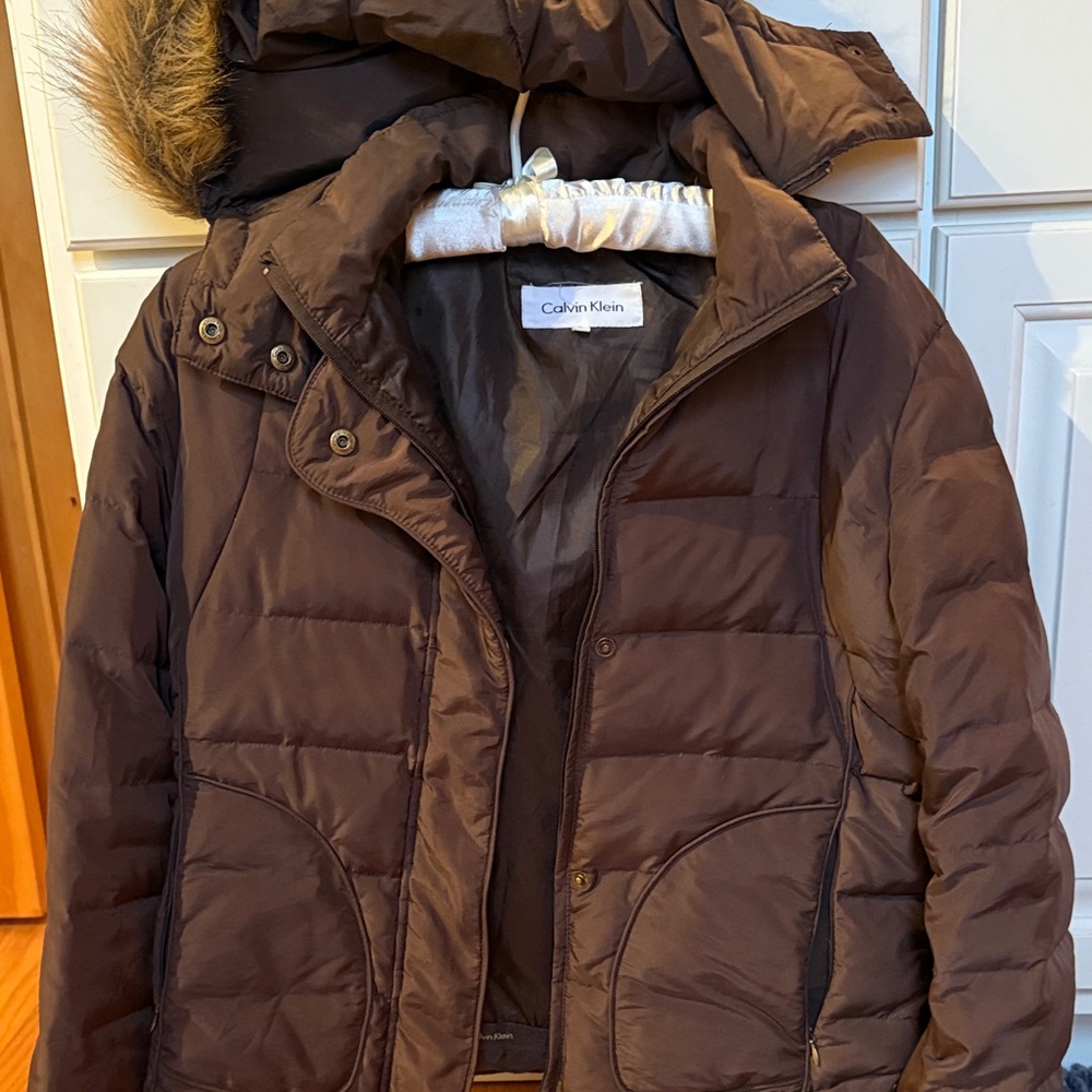 Calvin Klein Dark Brown Quilted Hooded Puffer Coat